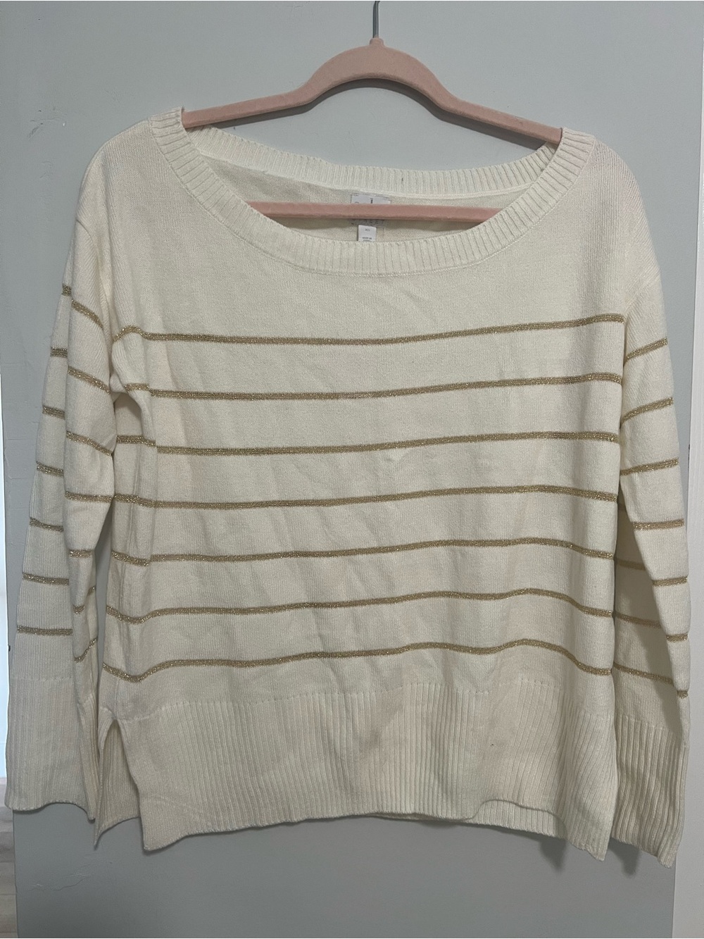 New York & Company Cream Crewneck Sweater with Gold Stripes